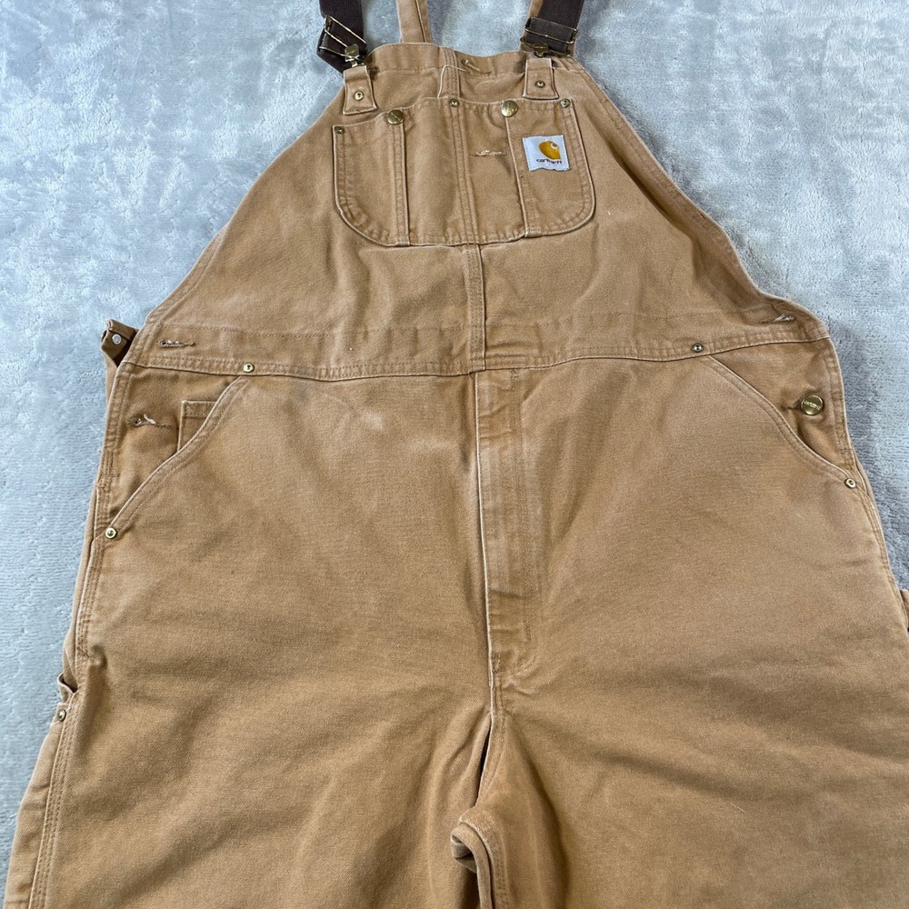 Carhartt Overalls Mens 46x32 Brown Duck Double Knee Bib Workwear Outdoor R01 BRN